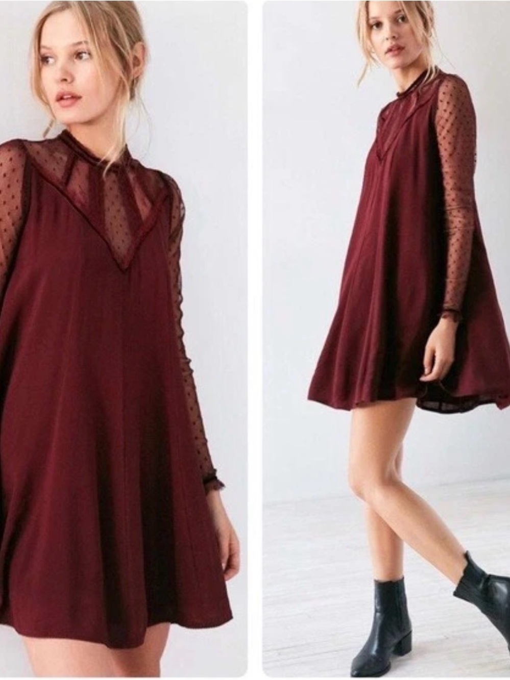 Kimchi Blue Constance Embroidered Mesh Mock Neck Frock Dress Burgundy Victorian